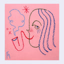 Artistic drawing of a face with long hair on a pink background