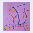 Illustration on purple paper of a blonde astronaut.