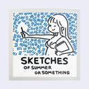 Illustration of a person holding a book under her arm with blue abstract patterns and text 'Sketches of Summer or Something' on a light blue background.