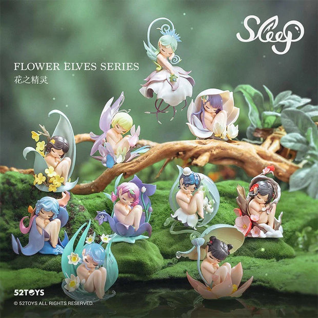 10 variants of vinyl figures of small, sleeping fairies wrapped up in leaves, flowers or other forest thematics. 