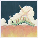 Illustration of a caterpillar with a star on its back, surrounded by clouds and atop of a large orange and yellow flower.