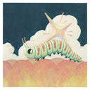 Colorful caterpillar with a star-shaped object on its back on a blue sky background