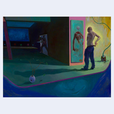 Highly rendered oil painting of a dimly lit room interior. A shirtless man secures his pants with a belt, and looks into the mirror. The mirror shows a disintegrating human body, fading away into nothing. A potted sparse plant is in the foreground and a person emerges from another room with an empty plate. 