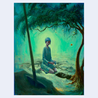 Highly rendered oil painting with lots of blues and warm greens. A woman sits on her knees under a tree with falling fruit. In the foreground is a shovel in a mound of dirt. She holds a dead bird in her hand, above a small dug grave.