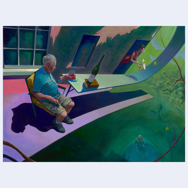 Highly rendered oil painting of an old man sitting in a yellow patio chair, drinking wine with a disconnected hand. The table the glass is on extended out and up, into the sky. A woman floats towards it with a falling plate of fruit. 