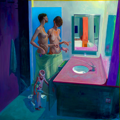 Highly rendered oil painting of a pair of nude women standing at a bathroom sink, with colorful walls, doors and sink. A medicine cabinet mirror shows a man in the bathtub. The sink shoots out a stream of water to a tiny pink boy with an open head.