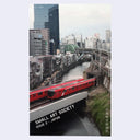 Zine cover for "Small Art Society" with a full bleed photograph of a red train on a bridge over a river with a Japanese cityscape in the background.