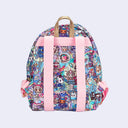 Small rounded top backpack with pastel pink colored fabric detailing, around the zipper and as the handles/straps. Bag has a small "tokidoki" nameplate on the lower center and is covered completely in a busy colorful pattern featuring tokidoki characters with with galactic and sci fi imagery. Back view.