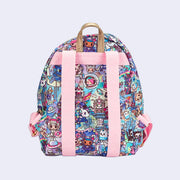 Small rounded top backpack with pastel pink colored fabric detailing, around the zipper and as the handles/straps. Bag has a small "tokidoki" nameplate on the lower center and is covered completely in a busy colorful pattern featuring tokidoki characters with with galactic and sci fi imagery. Back view.