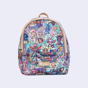 Small rounded top backpack with pastel pink colored fabric detailing, around the zipper and as the handles/straps. Bag has a small "tokidoki" nameplate on the lower center and is covered completely in a busy colorful pattern featuring tokidoki characters with with galactic and sci fi imagery.