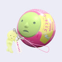 A pink and yellow spherical capsule toy with a green face, with a small Smiski character keychain charm and a pink wrist strap, right in front of it shown on a light gray background.