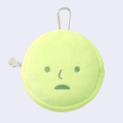 Green, circular plush pouch shaped like Smiski's head with a somewhat surprised expression. Attached is a silver carabiner and a small zipper charm of Smiski sitting.