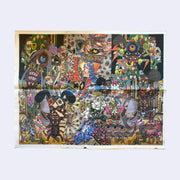 Full page spread of a newspaper with full color printing and no text. The image is a very busy, colorful psychedelic style illustration with dozens of characters interacting with machines, shapes and other random thematics.