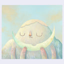 Illustration of of an anthropomorphized mountain in a pastel color scheme, taking a bite out of a crescent moon.