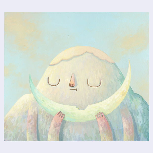 Illustration of of an anthropomorphized mountain in a pastel color scheme, taking a bite out of a crescent moon.