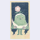 Illustration of a green anthropomorphized mountain with a flower on its head and holding a crescent moon with a bite taken out of it.