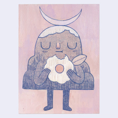 Illustration of a mountain character holding a cloud shaped flower with abite taken out of it with a moon atop its head on a pink background
