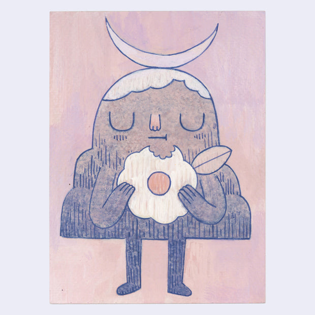 Illustration of a mountain character holding a cloud shaped flower with abite taken out of it with a moon atop its head on a pink background