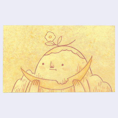 Illustration of a character holding a crescent moon with a flower on a yellow background