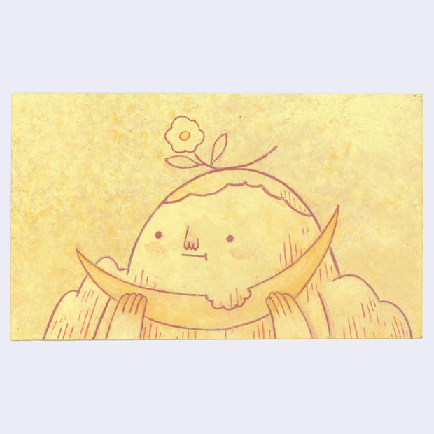 Illustration of a character holding a crescent moon with a flower on a yellow background