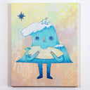 Illustration of an anthropomorphized wave character, standing and holding a surfboard with a tiny bite taken out of it. Atop the wave is a small sail boat.