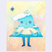 Illustration of an anthropomorphized wave character standing and holding a surfboard with a bite taken out of it. It has a sailboat atop its head and stands against a yellow background