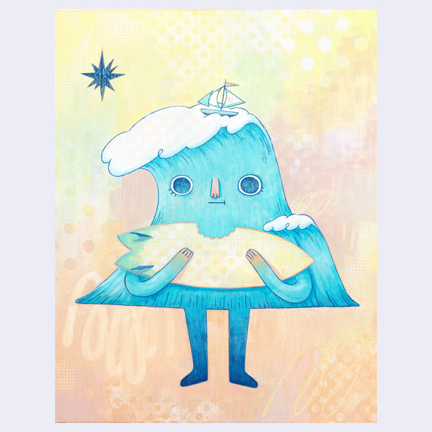Illustration of an anthropomorphized wave character standing and holding a surfboard with a bite taken out of it. It has a sailboat atop its head and stands against a yellow background