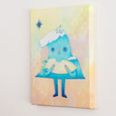 Illustration of an anthropomorphized wave character, standing and holding a surfboard with a tiny bite taken out of it. Atop the wave is a small sail boat.