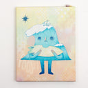 Illustration of an anthropomorphized wave character, standing and holding a surfboard with a tiny bite taken out of it. Atop the wave is a small sail boat.