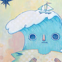 Illustration of an anthropomorphized wave character, standing and holding a surfboard with a tiny bite taken out of it. Atop the wave is a small sail boat. Close up.