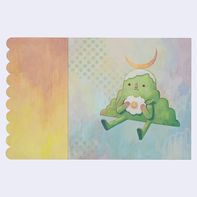 Painting of an anthropomorphized green mountain, sitting and taking a bite out of a rounded flower. Atop its head is a crescent moon and the background is light blue/yellow with an additional orange scalloped panel.