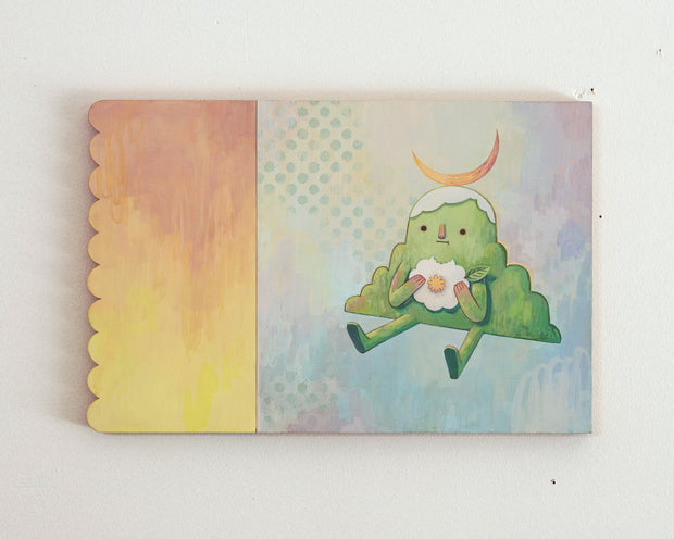  Painting of an anthropomorphized green mountain, sitting and taking a bite out of a rounded flower. Atop its head is a crescent moon and the background is light blue/yellow with an additional orange scalloped panel.