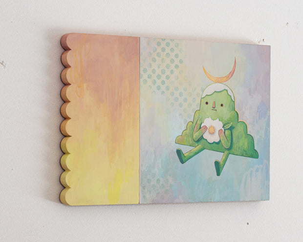 Painting of an anthropomorphized green mountain, sitting and taking a bite out of a rounded flower. Atop its head is a crescent moon and the background is light blue/yellow with an additional orange scalloped panel.