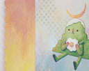 Painting of an anthropomorphized green mountain, sitting and taking a bite out of a rounded flower. Atop its head is a crescent moon and the background is light blue/yellow with an additional orange scalloped panel.