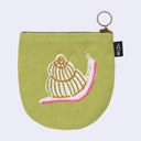 Green pouch with embroidered snail design on a white background