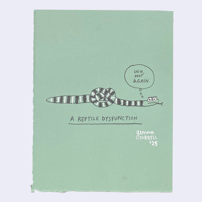 Illustration on green paper of a snake with a knot.