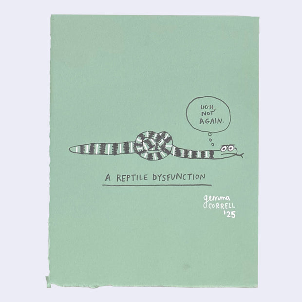 Illustration on green paper of a snake with a knot.