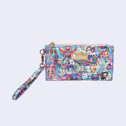 Rectangular wallet with champagne colored accent fabric, near the gold zipper and as a nameplate with "tokidoki" on it. A wrist strap is attached to the side. Wallet is covered completely in a busy colorful pattern featuring tokidoki characters with with galactic and sci fi imagery.