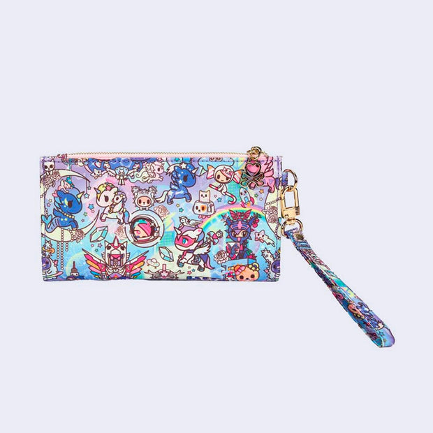 Rectangular wallet with champagne colored accent fabric. A wrist strap is attached to the side. Wallet is covered completely in a busy colorful pattern featuring tokidoki characters with with galactic and sci fi imagery. Back view.