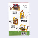 Side view of the Peanuts Supermarket Puzzle Blind box showing 4 options: fresh cafe, ice cream shop, grocery shop or flower shop.