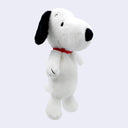 Plush of Snoopy, with a red collar. It has a very skinny body.