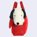 A red plush dog backpack featuring a white and black dog character peeking out from the front pocket, set against a light gray background.