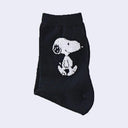 Black crew socks with a fluffy detail of Snoopy, smiling and walking, on the side of the calf part of the sock.