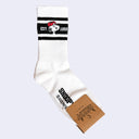 White sock with black stripes and an illustration of Snoopy, smiling with a red baseball cap.