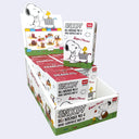 Blind box display with one blind box situated on top, each has a graphic of Snoopy looking at a grocery list next to a shopping cart that Woodstock sits on. 