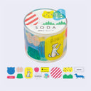 A clear plastic roll of decorative adhesive round stickers branded SODA, shown on a light gray background with small sample sticker icons along the bottom. The roll contains multicolored stickers including red-and-white stripes, yellow, green, blue, and animal illustrations.
