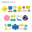 A sheet of assorted colorful die-cut stickers on a white background, including shapes and icons such as a blue bear head, pink striped circle, yellow sunburst with the word SUNNY, a dog illustration, a dachshund, a blue bird, and various text labels like NEW, FRAGILE, and EXIT.