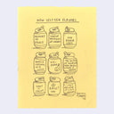 Pencil drawing on yellow paper of 9 cans of seltzer with comical titles.