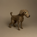 A small brown felt dog figurine standing on a plain warm beige studio background.