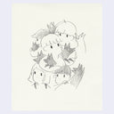 Pencil drawing of many children, positioned together and all holding dogs.